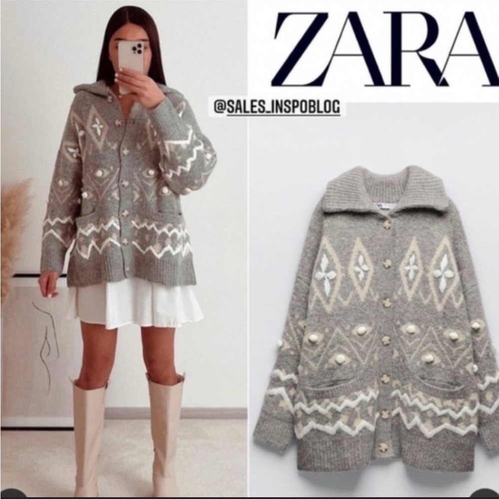 Zara Knit Coat Women's Sweater Grey Beige White Collared Cardigan Long Sleeve